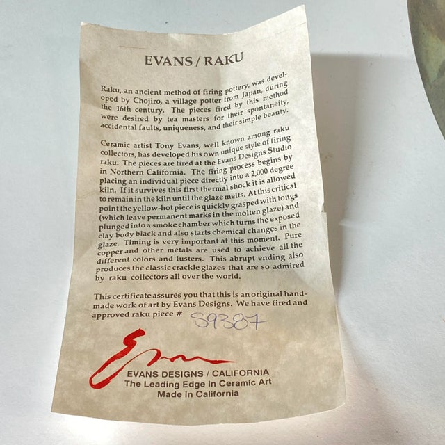 Brown 1990s Tony Evans Large Raku Ceramic Vase With Certificate of Authenticity For Sale - Image 8 of 9