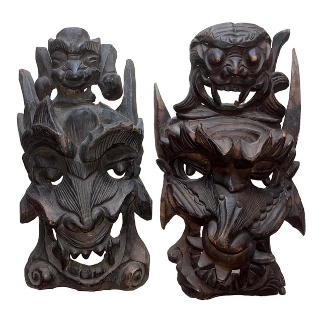 Vintage or Antique Hand-Carved Asian Wooden Guardian or Demon Masks, Often Featuring Stacked or Multi-Tiered Faces With Fierce For Sale