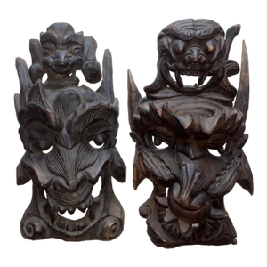 Vintage or Antique Hand-Carved Asian Wooden Guardian or Demon Masks, Often Featuring Stacked or Multi-Tiered Faces With Fierce