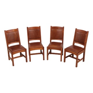 Set of 4 Stickley Mission Cherry Leather Dining Chairs For Sale