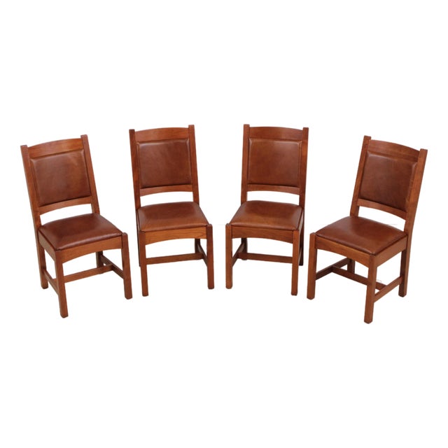 Set of 4 Stickley Mission Cherry Leather Dining Chairs For Sale