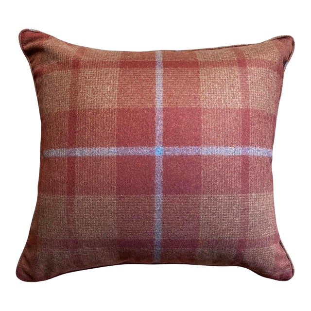 18" Schumacher Montana Wool Plaid 66665 Pillow in Burgundy For Sale