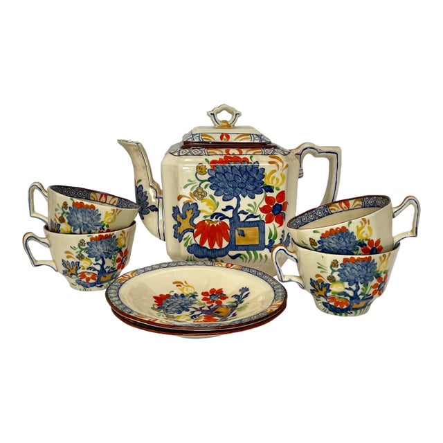 1880s Antique Mason’s English Ironstone “Jardiniere” Teapot, Cups and Saucers - Set of 7 - For Sale