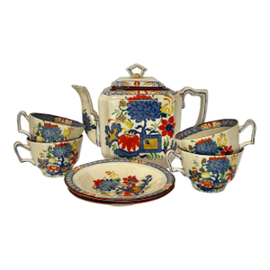 1880s Antique Mason’s English Ironstone “Jardiniere” Teapot, Cups and Saucers - Set of 7