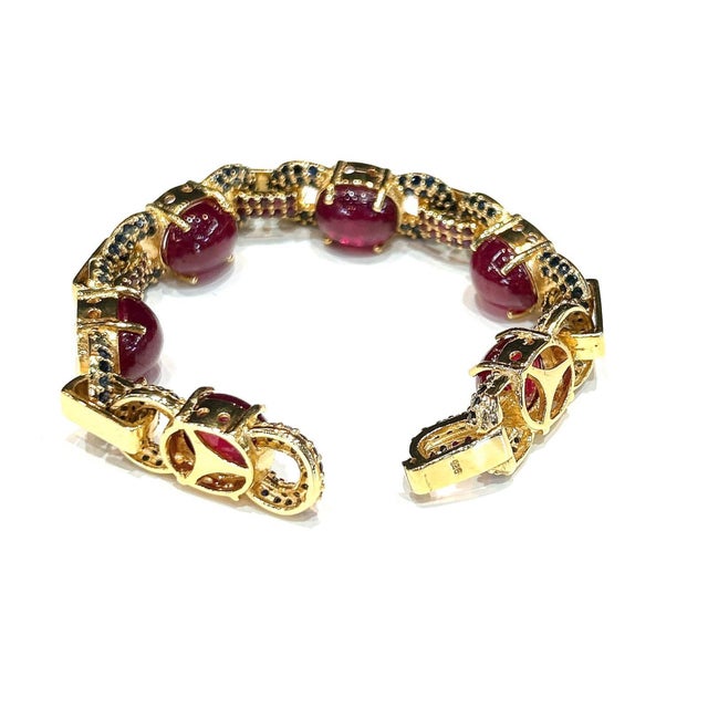 Bochic "Capri" Vintage Red Ruby & Blue Sapphire Bracelet Set In 18K Gold & Silver Natural Multi Gem - 24 Carats Peridot,...