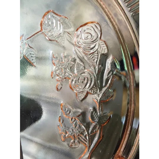 1970s Depression Period Pink Glass Roses Pattern Cake Stand For Sale - Image 5 of 8