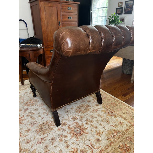 2000 - 2009 Oversized Diamond Tufted Leather Library Chair, Bobbin Legs & Nailhead Trim For Sale - Image 5 of 7