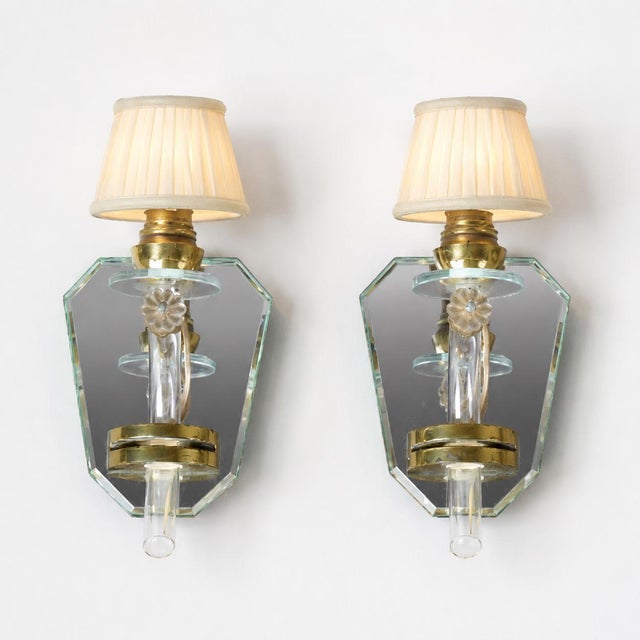 Art Deco French Mirrored Glass and Brass Wall Sconces, 1940s, Set of 2 For Sale - Image 17 of 17