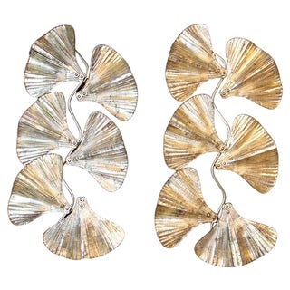 Golden Gingko Murano Glass Leaf Sconces in the style of Tommaso Barbi, 1990s, Set of 2 For Sale