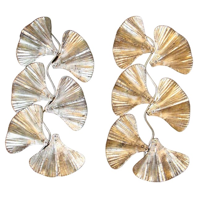 Golden Gingko Murano Glass Leaf Sconces in the style of Tommaso Barbi, 1990s, Set of 2 For Sale