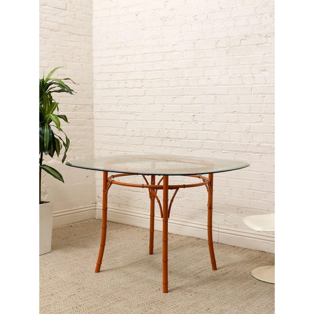 Mid 20th Century Vintage Bamboo-Style Orange Round Dining Table With Glass Top For Sale - Image 5 of 10
