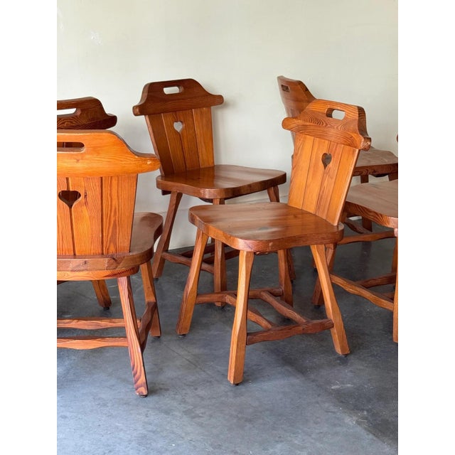 Rustic European Set of 6 Carved Pine Chairs Denmark 1970s For Sale - Image 3 of 6