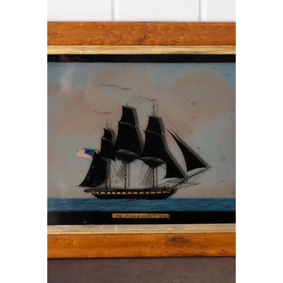 Antique Reverse Glass American Maritime Art 'The President 1814' For Sale - Image 4 of 4