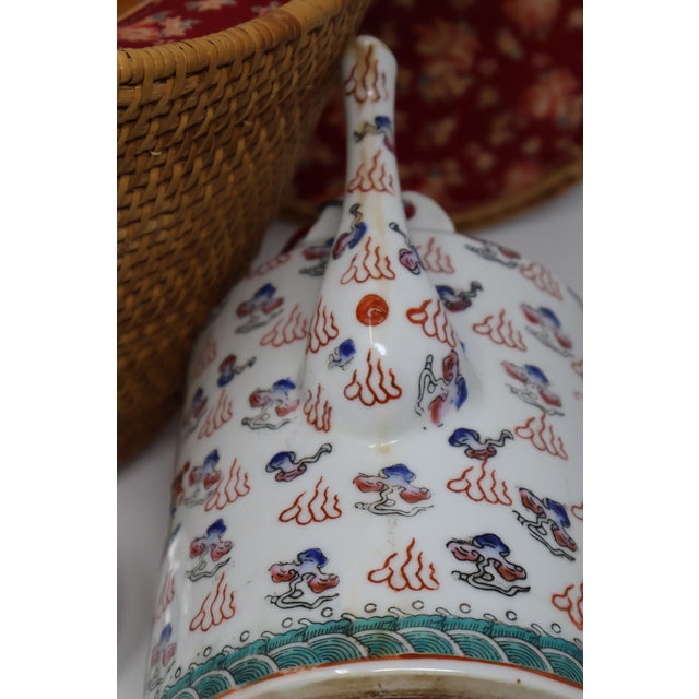 Red Antique Chinese Dragon & Phoenix Porcelain Teapot With Fitted Warming Basket For Sale - Image 8 of 18