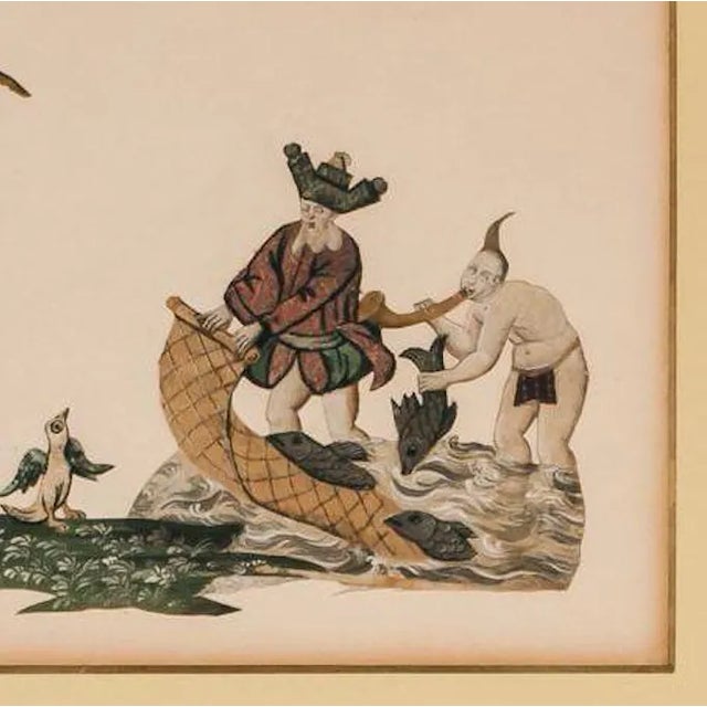 Charming Victorian silk needlework depicting palm tree & fishermen with nets!