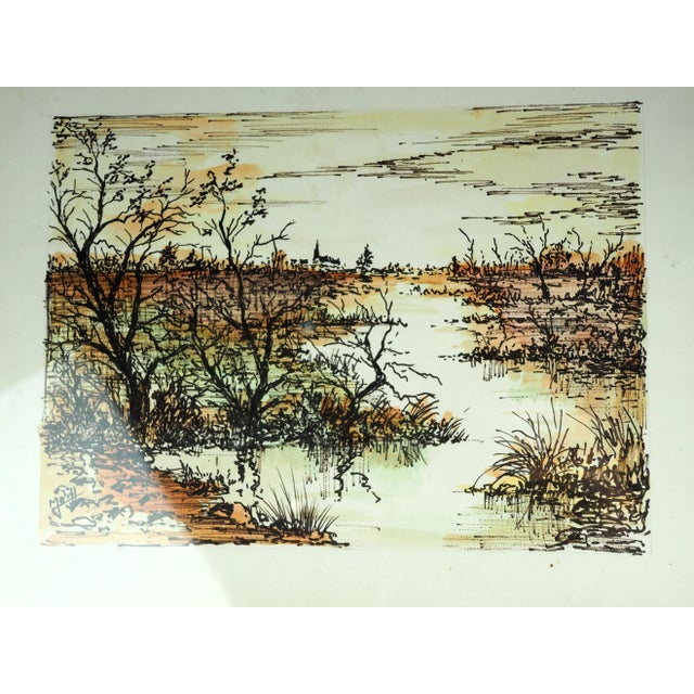 1970s 1970s French Watercolor Painting of View of Marsh, Church in the Distance, Framed For Sale - Image 5 of 11