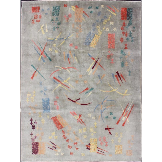 Mid Century Modern Rug With Abstract Design in Light Gray and Multi Colors For Sale In Atlanta - Image 6 of 6