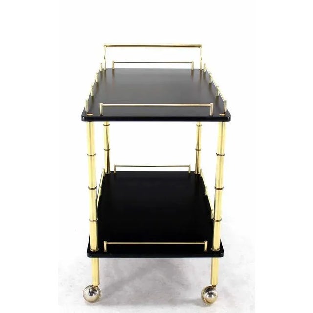 Hollywood Regency Faux Bamboo Brass Gallery 2-Tier Rectangular Rolling Bar Tea Cart For Sale - Image 9 of 10