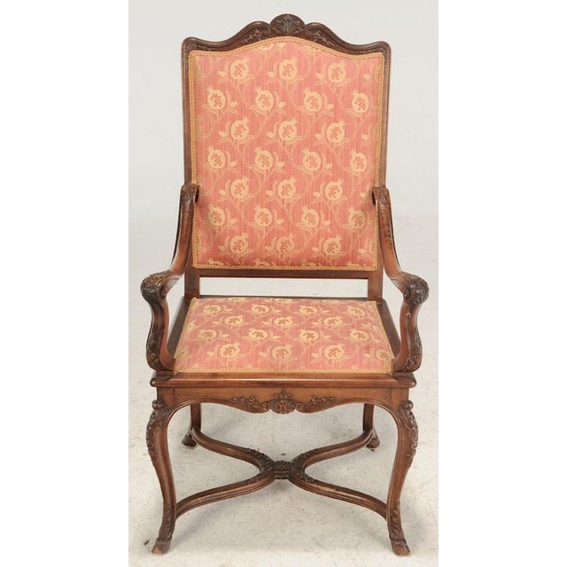 French, early 20th century, well-carved figured walnut frames, stretcher bases and hoof feet, modern upholstery, 45 in. ,...