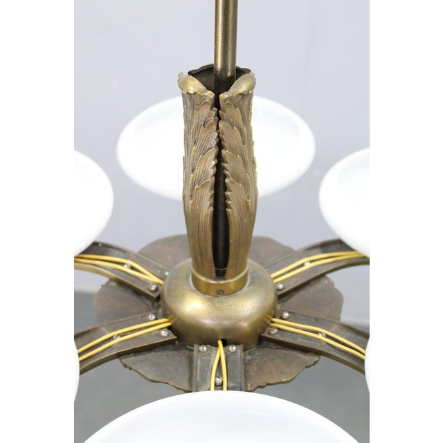 Art Deco Brass Chandelier with 6 Glass Shades, Former Czechoslovakia, 1930s For Sale - Image 10 of 16