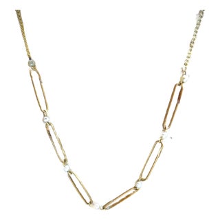 Antique Etched 9k Gold Lingerie Pin Necklace With Pearls For Sale