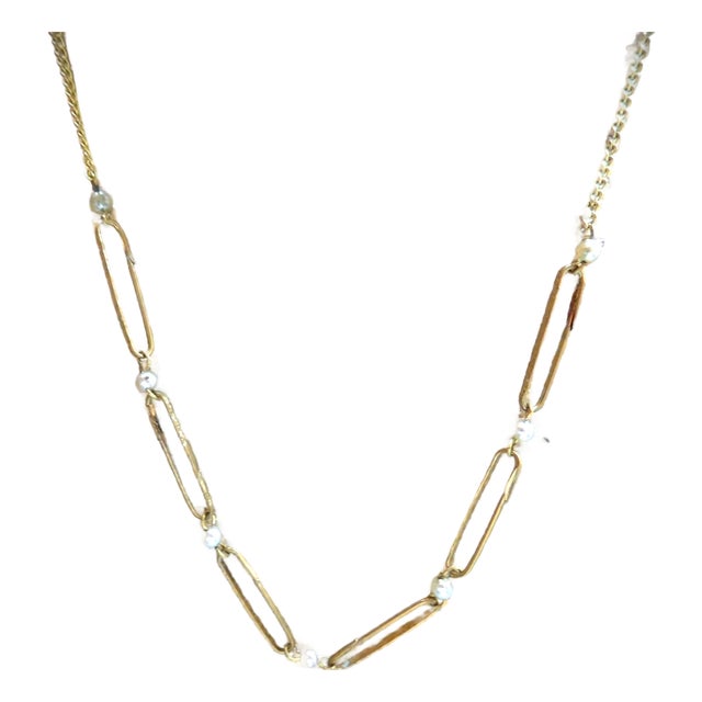 Antique Etched 9k Gold Lingerie Pin Necklace With Pearls For Sale