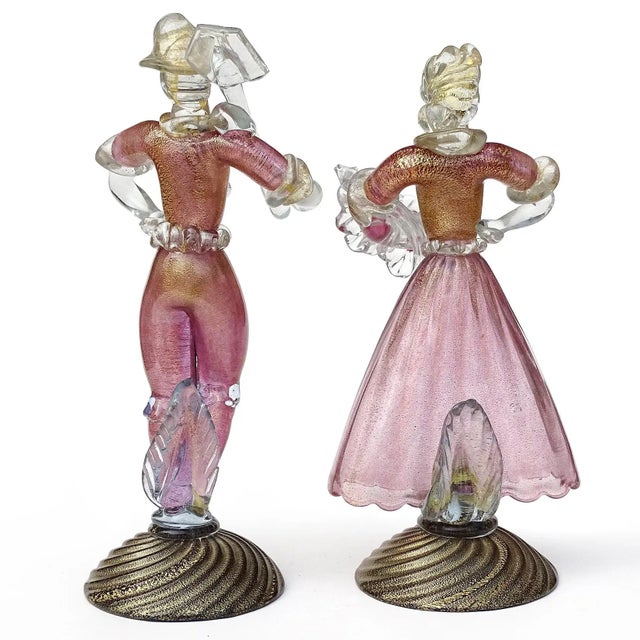 Glass Murano Vintage Sommerso Pink Gold Flecks Italian Art Glass Male Female Farmer Figure Sculptures - A Pair For Sale - Image 7 of 10