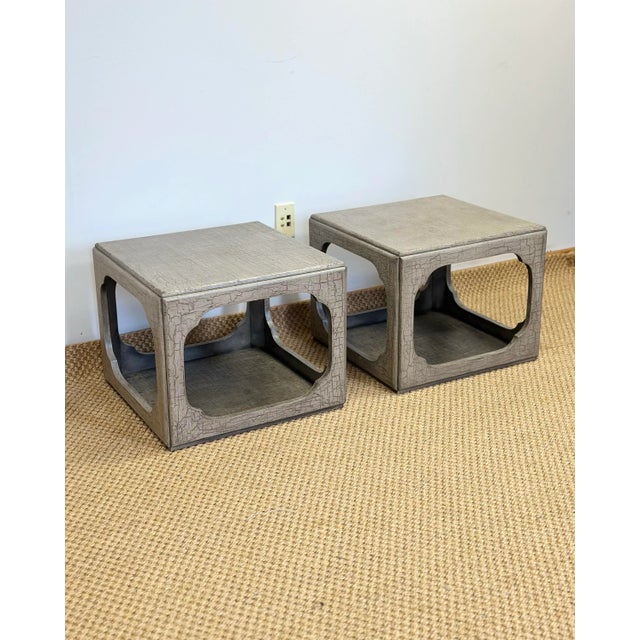 1960s Michael Taylor for Baker Far East Chinoiserie Two Tier Grey Low Side Tables – a Pair For Sale - Image 5 of 10