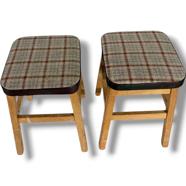 Contemporary Mid-Century Stools in Oak with Tweed Upholstered Seats, Set of 2 For Sale - Image 3 of 9