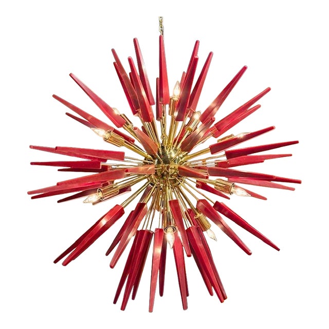 Modern Brass and Red Murano Glass Sputnik Chandelier For Sale