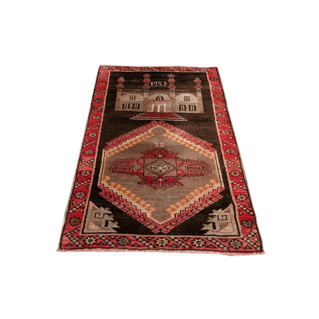 Illustration Vintage Pictorial Turkish Brown Wool Rug For Sale - Image 3 of 9