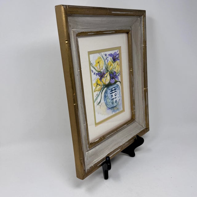 Original Watercolor Floral in Bamboo Frame – Chinoiserie Style A charming original watercolor painting featuring yellow...