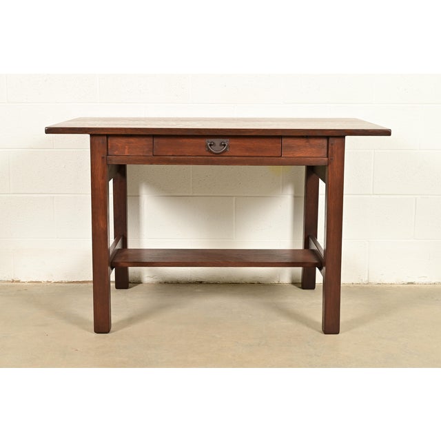 Mission Gustav Stickley Antique Mission Oak Arts & Crafts Writing Desk or Library Table, Newly Refinished For Sale - Image 3 of 14