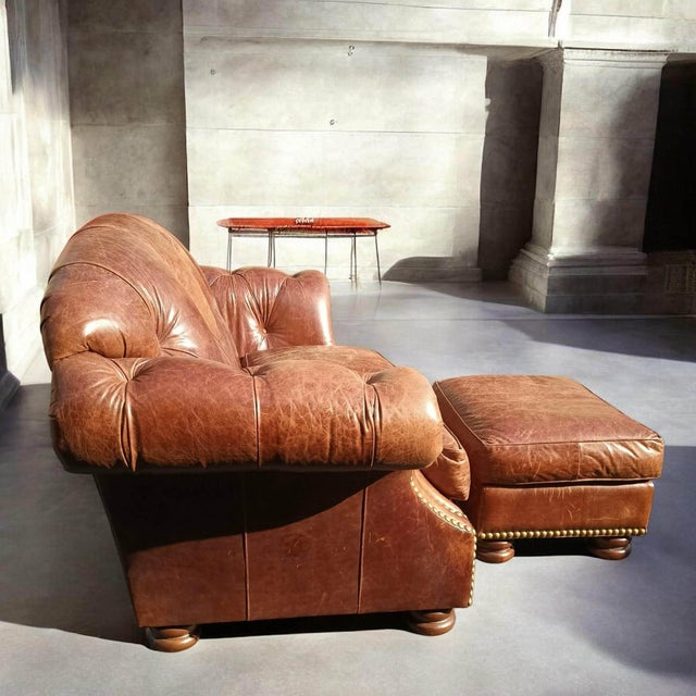 Animal Skin Elevate Your Living Space With the Timeless Elegance of This Thomasville Chesterfield Leather Sofa and Matching Ottoman. For Sale - Image 7 of 9