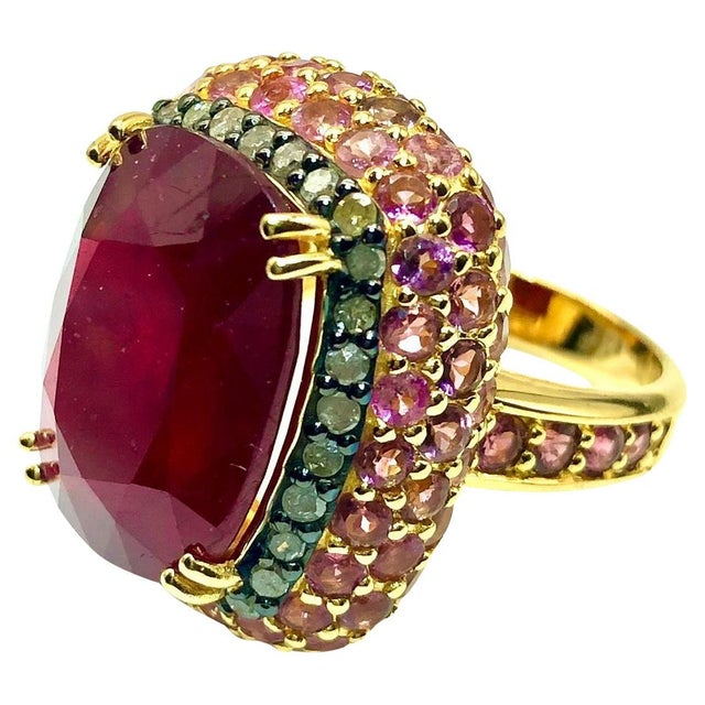 Bochic “Capri” Vintage Ruby, Emerald & Pink Sapphire Ring Set 18K Gold & Silver Natural Ruby - 12 Carats Natural Pink...