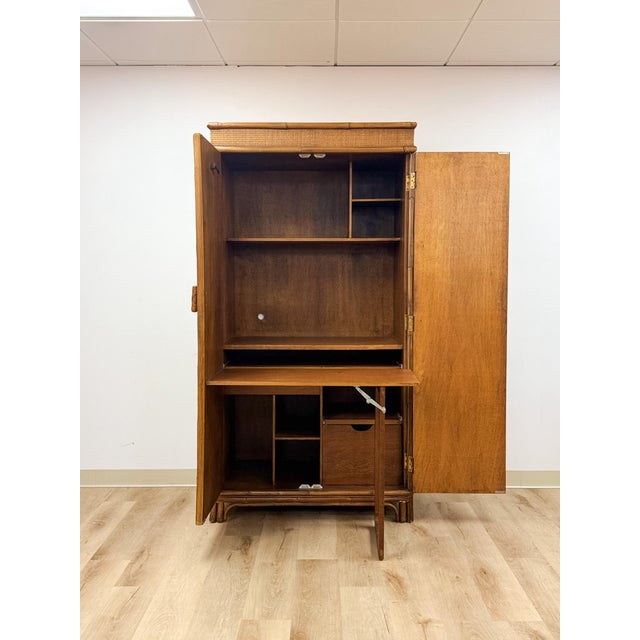 Mid 20th Century Coastal Boho Faux Bamboo Wicker Rattan Armoire Wardrobe Combo With Foldout Desk For Sale - Image 15 of 15