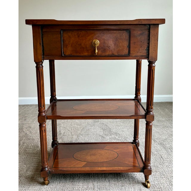 Traditional Late 20th Century Traditional Inlaid Mahogany Occasional Table With Drawer & Brass Casters For Sale - Image 3 of 7
