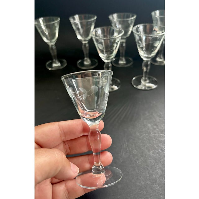 Vintage Etched Port Glasses – Set of 7 | Small Stemware for Liqueur, Vodka, Sherry & Cordial For Sale - Image 4 of 8