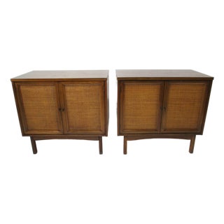 Walnut Caned Nightstand Chests in the Style of Widdicomb For Sale