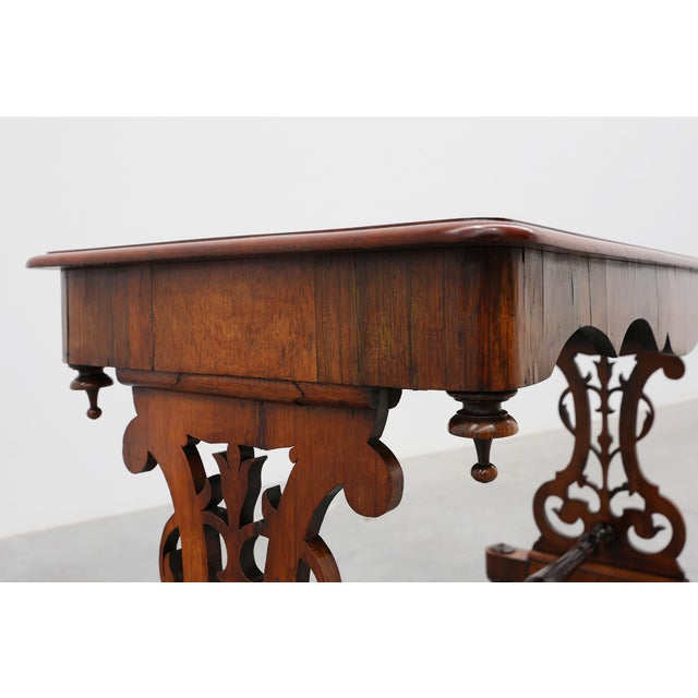 Victorian Walnut Side Table with Inlaid Top and Pierced Scroll Ends, England, 1870 For Sale - Image 4 of 14