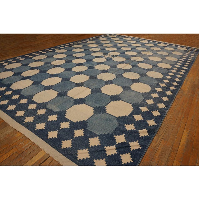 1930s Blue White Octagonal Antique Indian Cotton Dhurrie Rug 12'3" X 19' Flat Weave Cotton Carpet For Sale - Image 16 of 17