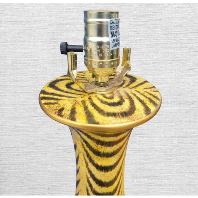 Tony Duquette Vintage Ceramic Yellow Brown Zebra Print Tall Urn Shaped Table Lamp For Sale - Image 4 of 6