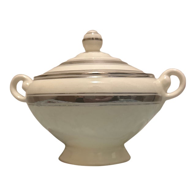 Vintage Fine China Lidded Sugar Bowl With Metallic Silver Bands For Sale