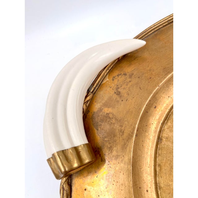 John Rosselli Vintage Italian Hollywood Regency Oval Statement Size Brass Tray With Faux Boar Tusk Handles and Cross Strap Trim For Sale - Image 4 of 16