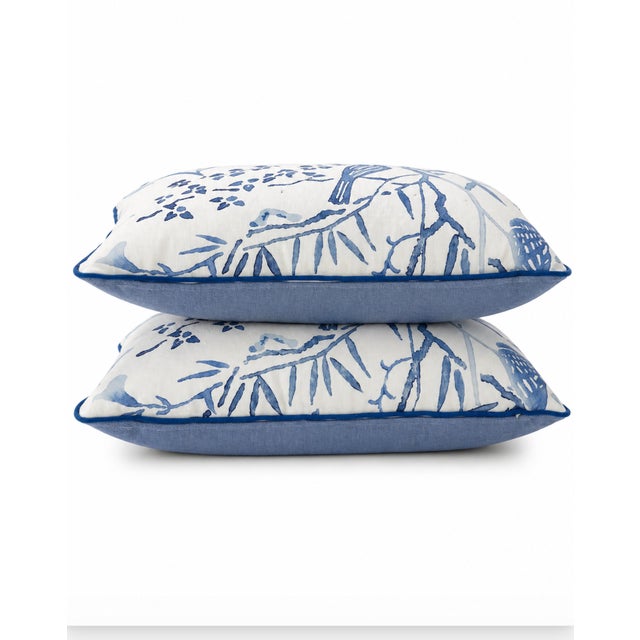 Hollywood Regency A Pair of Blue & White Bird Print Lumbar Pillows With Contrast Piping For Sale - Image 3 of 5