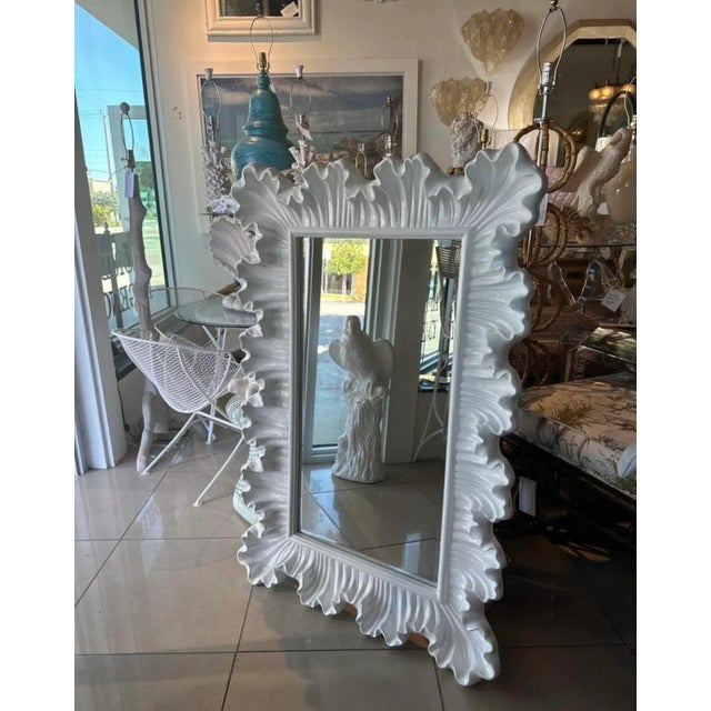 Lovely vintage ruffle scalloped composite wall mirror. This has been newly lacquered in a white gloss. Dimensions: 48.5 H...