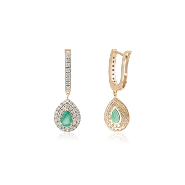 Luxury Emerald & Diamond Double Halo Latchback Earrings in 14k Yellow Gold- 2 Pieces For Sale - Image 4 of 12