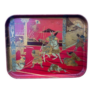 19th C French Red Lacquer Tray With Japanese Samurai Motif For Sale
