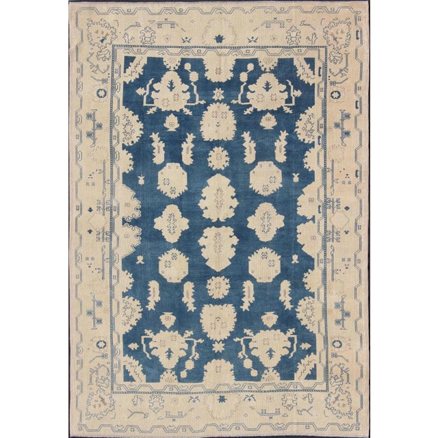 Mid 20th Century Vintage Turkish Oushak Rug With All-Over Design in Royal Blue and Ivory For Sale - Image 12 of 12