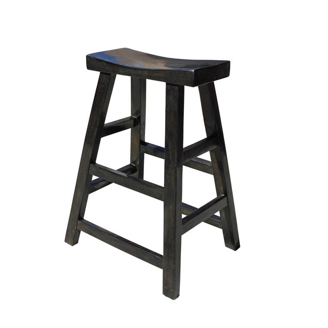 Simple Distressed Semi Gloss Black Tall Wood Stool Bar ...